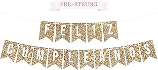 Pre-Strung Feliz Cumpleaños Banner - NO DIY - Gold Glitter Spanish Happy Birthday Party Banner - Pre-Strung Garland on 8 ft Strands - Gold Birthday Party Decorations & Decor. Did we mention no DIY?