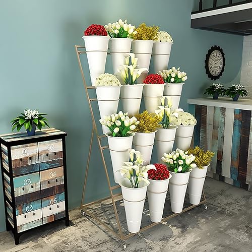Miniatura 6 de Soporte de exhibición de flores, estante de 3 capas resistente para plantas móviles con ruedas y cubo, estante de floristería de hierro forjado,