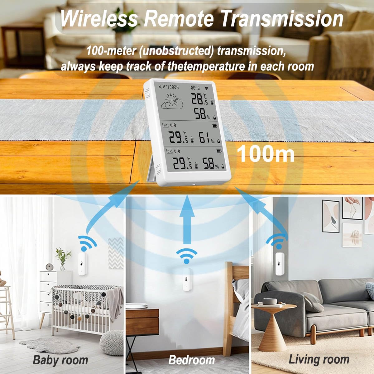 WLAN Thermometer Hygrometer Innen Außenthermometer Kabelloses Smart Thermometer Digitales Temperatur und Feuchtigkeitsmessgerät mit Automatischer Alarmfunktion 100 Meter Reichweite