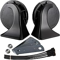 Vista 10 de FARBIN Kit de bocina de aire eléctrica de 12 V para camión, coche, SUV, motocicleta, barco - Bocina negra con arnés de cables