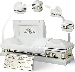 Overnight Caskets White Cross Lords Prayer Metal Funeral Casket w/White Velvet Interior - 18 Gauge Steel - Fully Appointed Adult Casket - Coffin Featuring Velvet Interior Lining w/Pillow & Throw Set