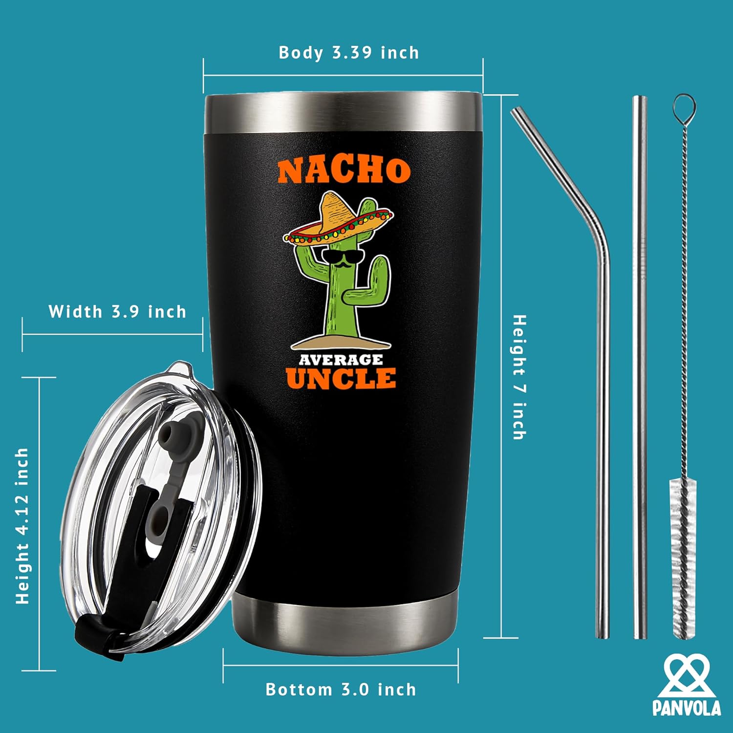 Nacho Average Uncle Gift From Niece Nephew Brother Sister Fathers Day For New Uncles Mexican Tio Bearded Uncle Vacuum Insulated Stainless Steel Tumbler With Removable Lid And Straw 20 oz Black - Image 5