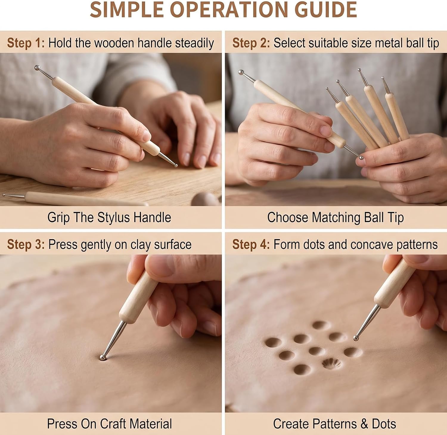 Eperlorit 5 Pack Wooden 3.94 Inch Double End Multi-Size Metal Dotting Tools