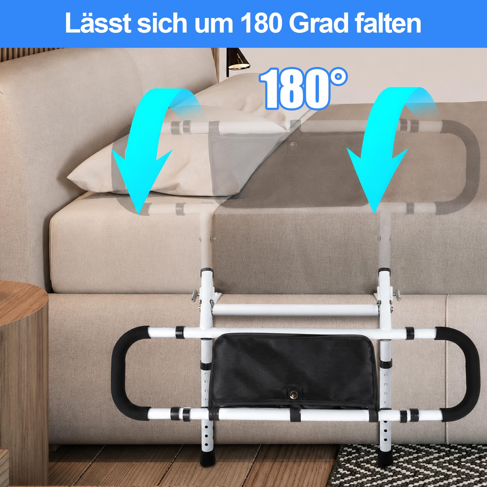 Barrera de cama para personas mayores, altura ajustable y plegable con asa, soporta hasta 180 kg, barrera de protección de cama para adultos, para todas las camas, color blanco