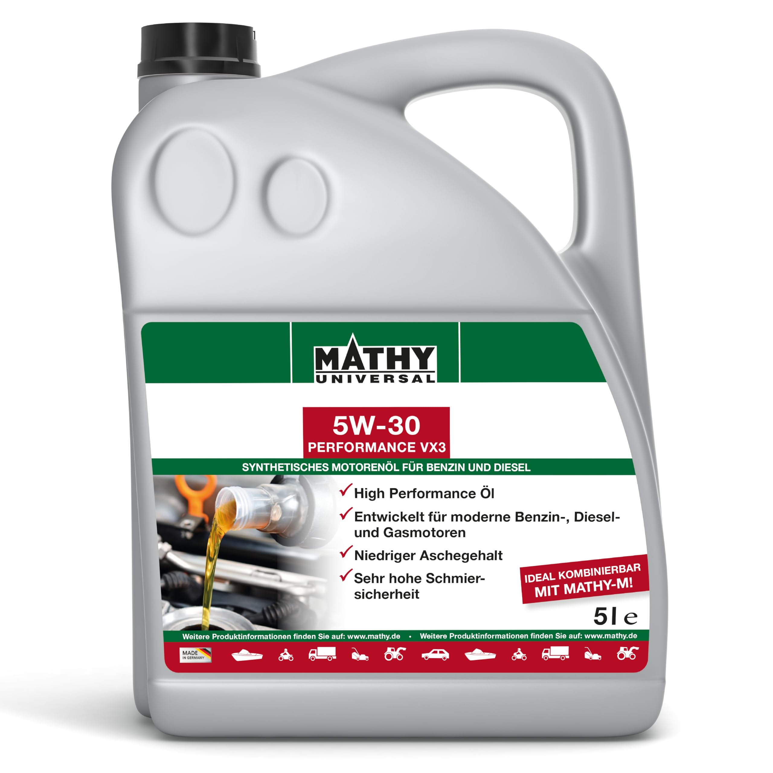 MATHY Motoröl SAE 5W-30 Performance VX3, 5 Liter, Synthetisches HC-Motor-Öl | Speziell für moderne Diesel-, Benzin- und Gasmotoren, aschearmes Leichtlauföl, Sehr geringer Phosphor- & Schwefelgehalt
