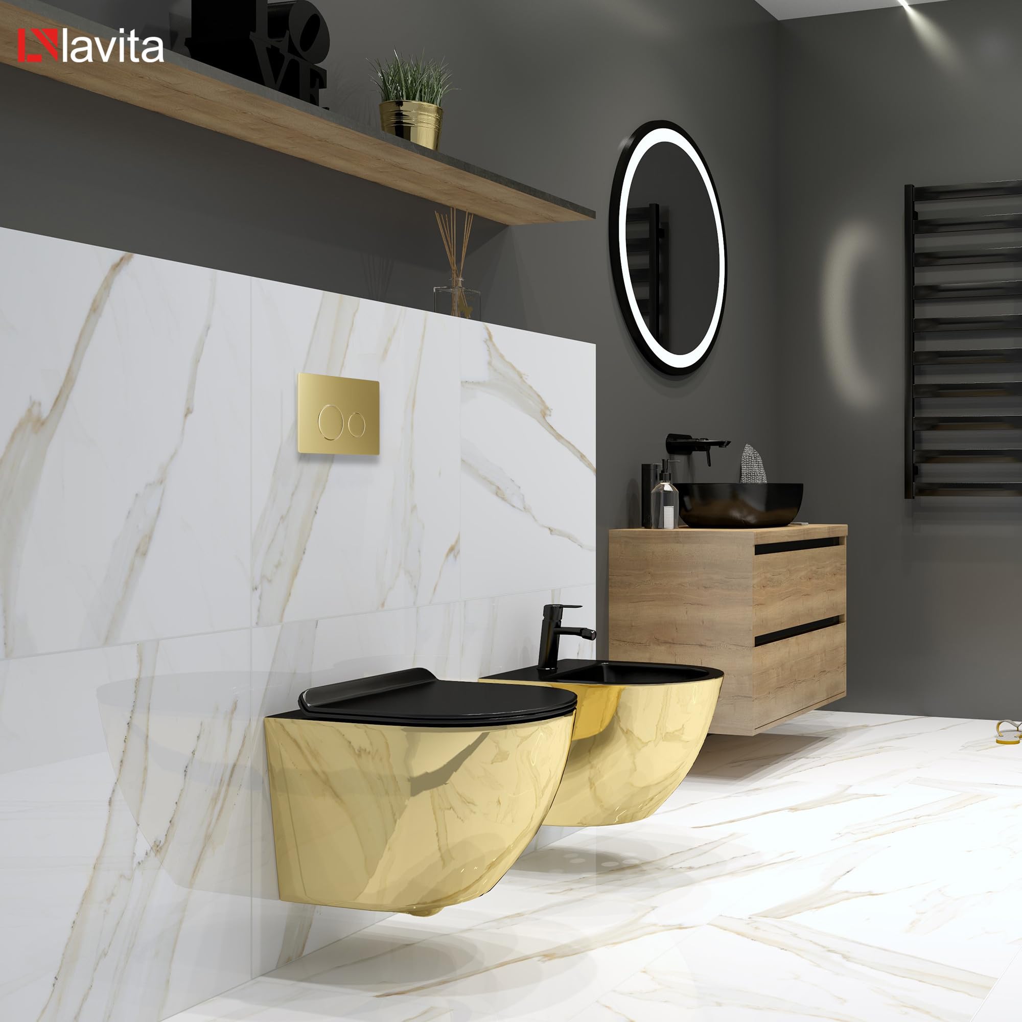lavita Lavita LAV 101 elemento de pared para inodoro 40 cm + inodoro lavabo suspendido SOFI SLIM GOLD/BLACK sin borde + panel de control LAV 200.4.5 Gold | Conjunto completo | Cisterna empotrada | Ju