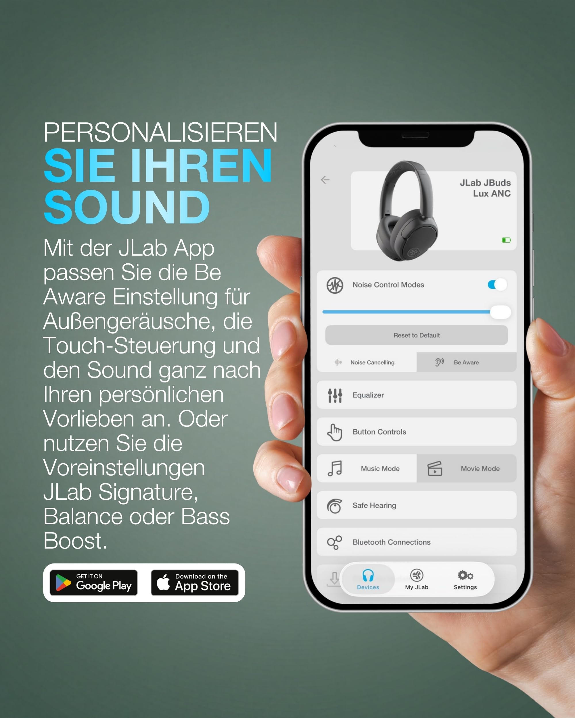 JLab JBuds LUX ANC Noise Cancelling Kopfhörer Over Ear Bluetooth kabellos mit Mikrofon und aktiver Geräuschunterdrückung, 70+ Std. Spielzeit, Faltbare Bluetooth Headphones, Immersive Audio, Salbei
