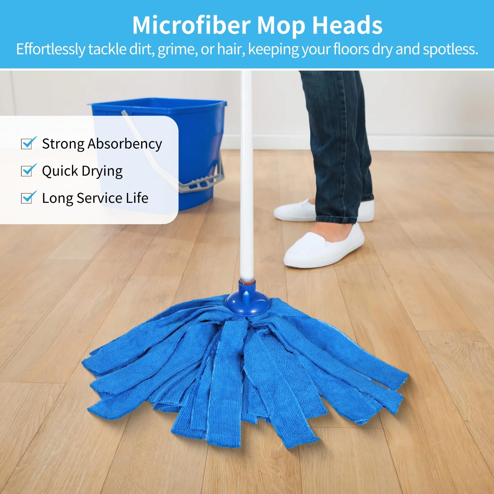 6 cabezales de fregona de microfibra azul, alta absorción, recambios húmedos y secos, compatibles con postes roscados estándar 3/4, limpieza multidireccional