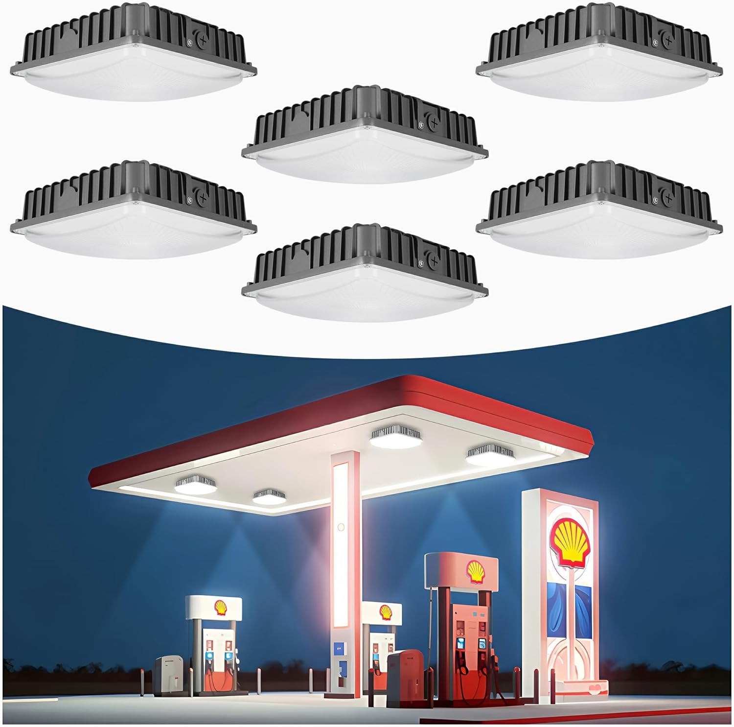 70W LED Canopy Light 6Pack, Selectable Wattage 30/45/60/70W, 3CCT 4000/5000/6500K, Commerical LED Canopy Lights, Gas Station Square led Light for Garage Carport, 0-10 Dim 100-277VAC, ETL Listed