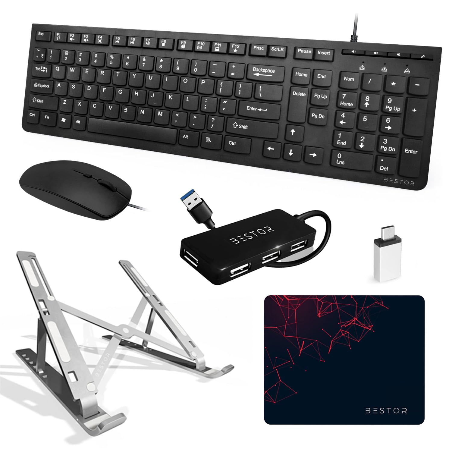 Bestor Set of 6 Combos of USB Wired Keyboard, Wired Mouse, Laptop Stand, Mouse Pad Base Waterproof, type A to type C converter & 4 port USB HUB for PC, Laptop, Computer with Windows (B0D8WFJLK5) Amazon Price History, Amazon Price Tracker
