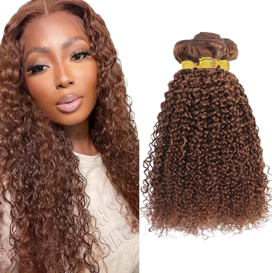 #30 Curly Human Hair Bundles Light Brown Bundles Brown Kinky Curly Extensions Brazilian Remy Hair Tangle-Free 20 22 24 Inch
