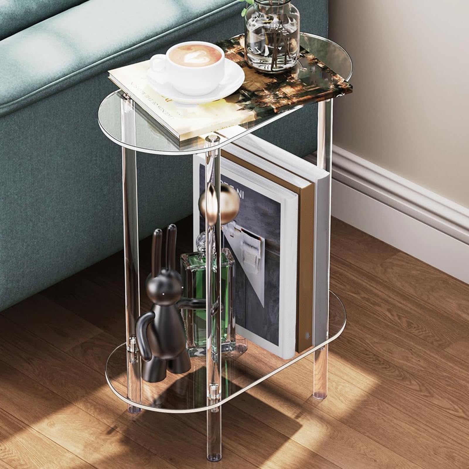Mesa Auxiliar Transparente De Acrílico - 40x20x50 Cm, 2 Niveles, Diseño Ovalado Moderno Para Salón O Dormitorio