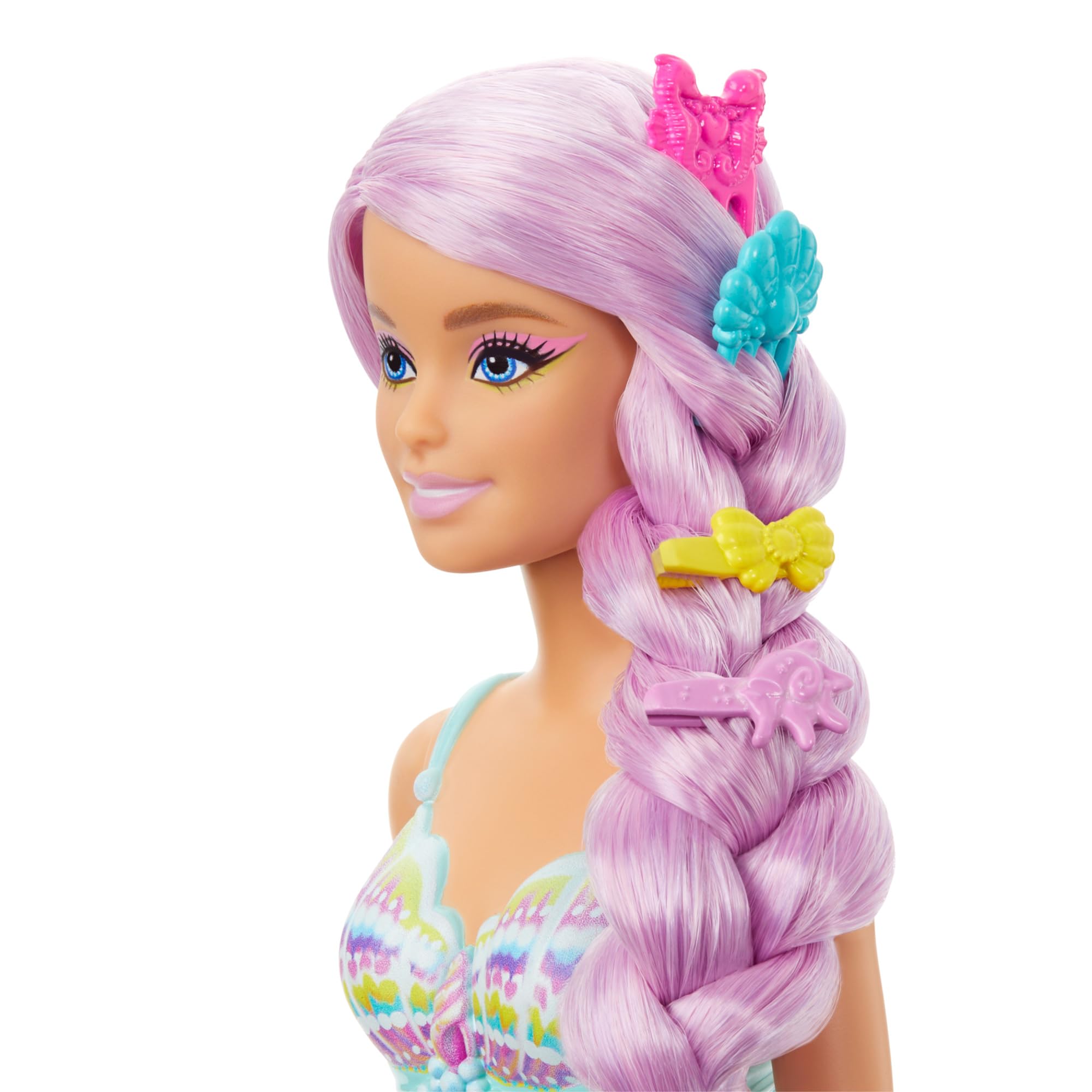 Barbie Syrenka Lalka Długie włosy (pastelowy róż, prawie 18 cm długości) + kolorowe akcesoria do stylizacji, takie jak opaska i spinki do włosów, HRR00