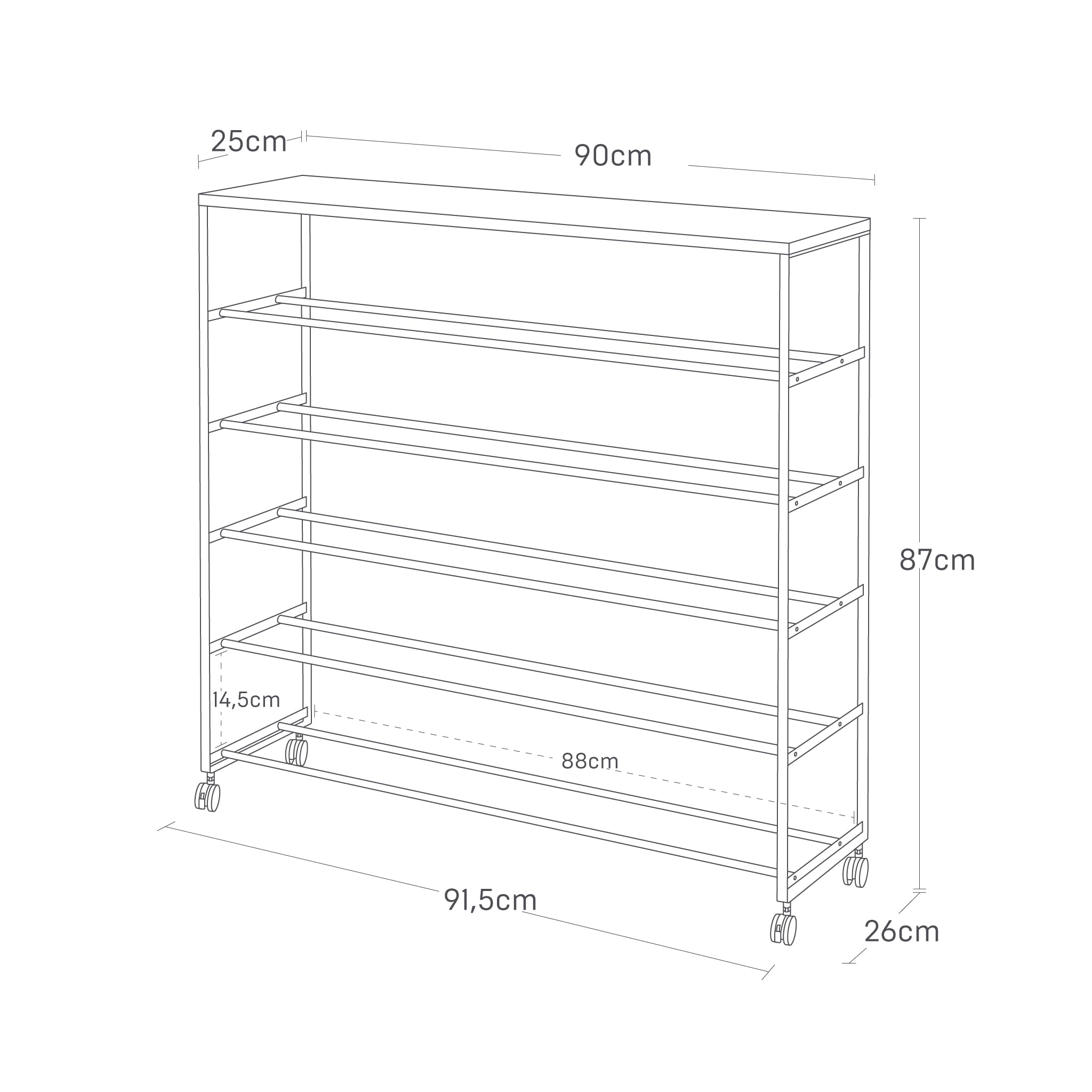 YAMAZAKI 1465 Tower 5-stöckiges Schuhregal mit Holzablage und Rollen, weiß, Stahl/Holz/Nylon, minimalistisch, 26 x 90,5 x 87 cm