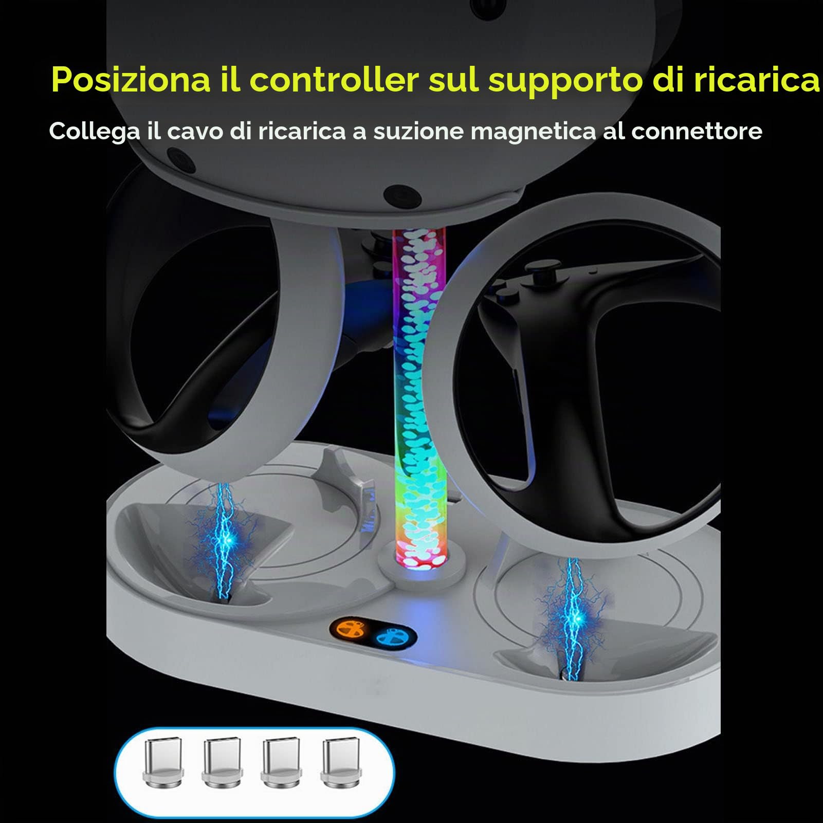 Base di Ricarica Magnetica per VR2 Vontroller e per Console Stazione di Ricarica Rapida USB RGB con Supporto per Cuffie, Supporto di Ricarica PS VR2 Sense con 4 Ventose