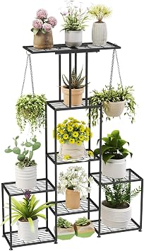 Plant Stand Indoor Outdoor, Metal 6 Tier Tall Hanging Plant Shelf for Multiple Flower Planter Large Heavy Duty Ladder Plant Holder for Garden, Black (y-202)
