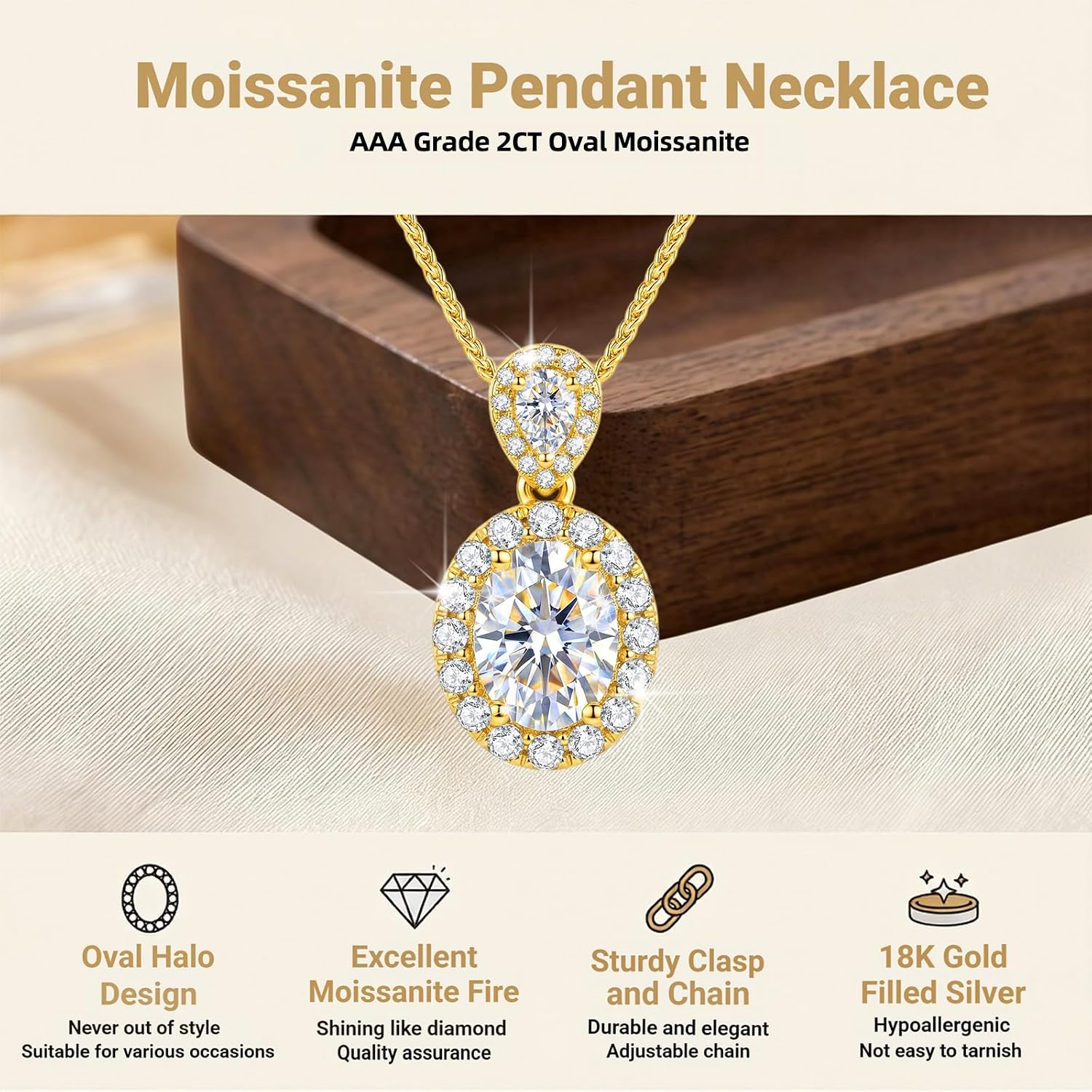 S925 with 18K Gold Filled Pendant Necklace for Women 2CT Moissanite Jewelry Wedding Anniversary Mothers Day Birthday Gift for Women Mom Wife Girlfriend Her with LED Light-Up Gift Box