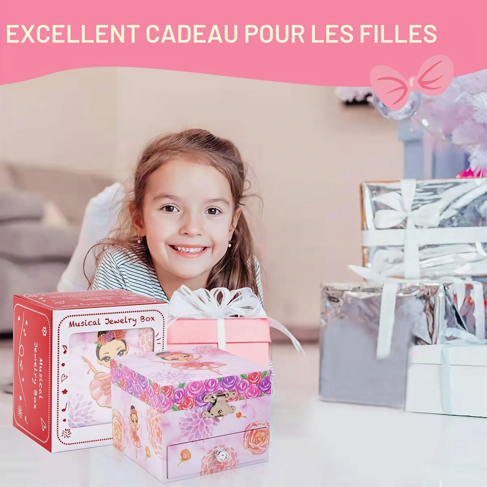 Boîte à bijoux musicale pour filles avec tiroir coulissant et ballerine rotative, jolie boîte à musique pour enfants, choix de cadeau pour les petites filles âgées de 3 à 12 ans