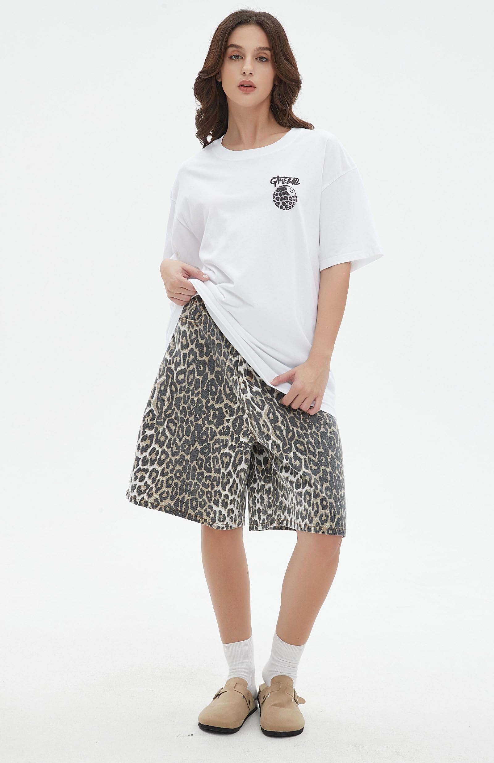 Jorts leopardato unisex da donna, pantaloncini larghi con ghepardo vintage, gamba dritta, jeans casual Y2K Streetwear
