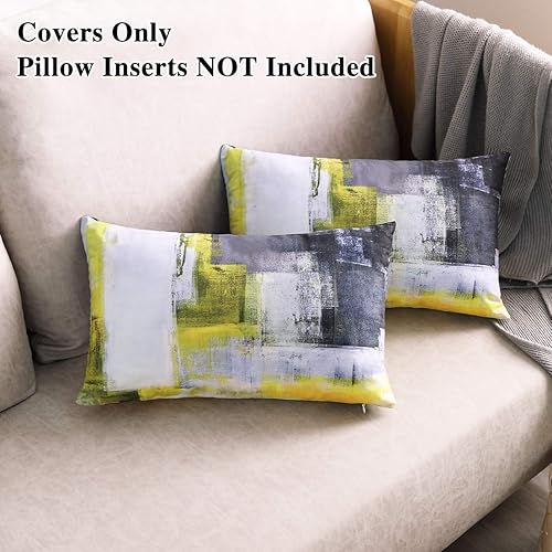 Miniatura 2 de Juego de 2 fundas de almohada lumbares amarillas rectangulares decorativas de 12 x 20 pulgadas para decoración de sofá, almohadas amarillas y grises