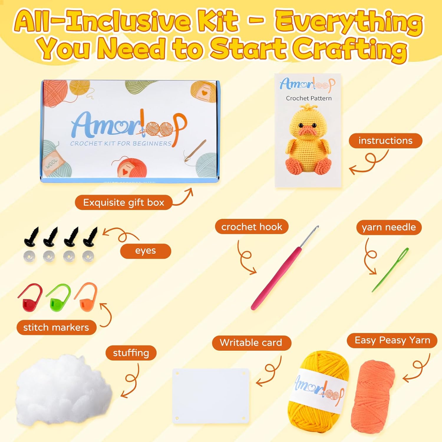 Crochet Kit for Beginners – Cute Duck Crochet Animal Kit with Pre-Started Yarn, Step-by-Step Video Tutorials for Adults&Kids, Writable Positive Card, Original Design Pattern - Perfect Christmas Gifts