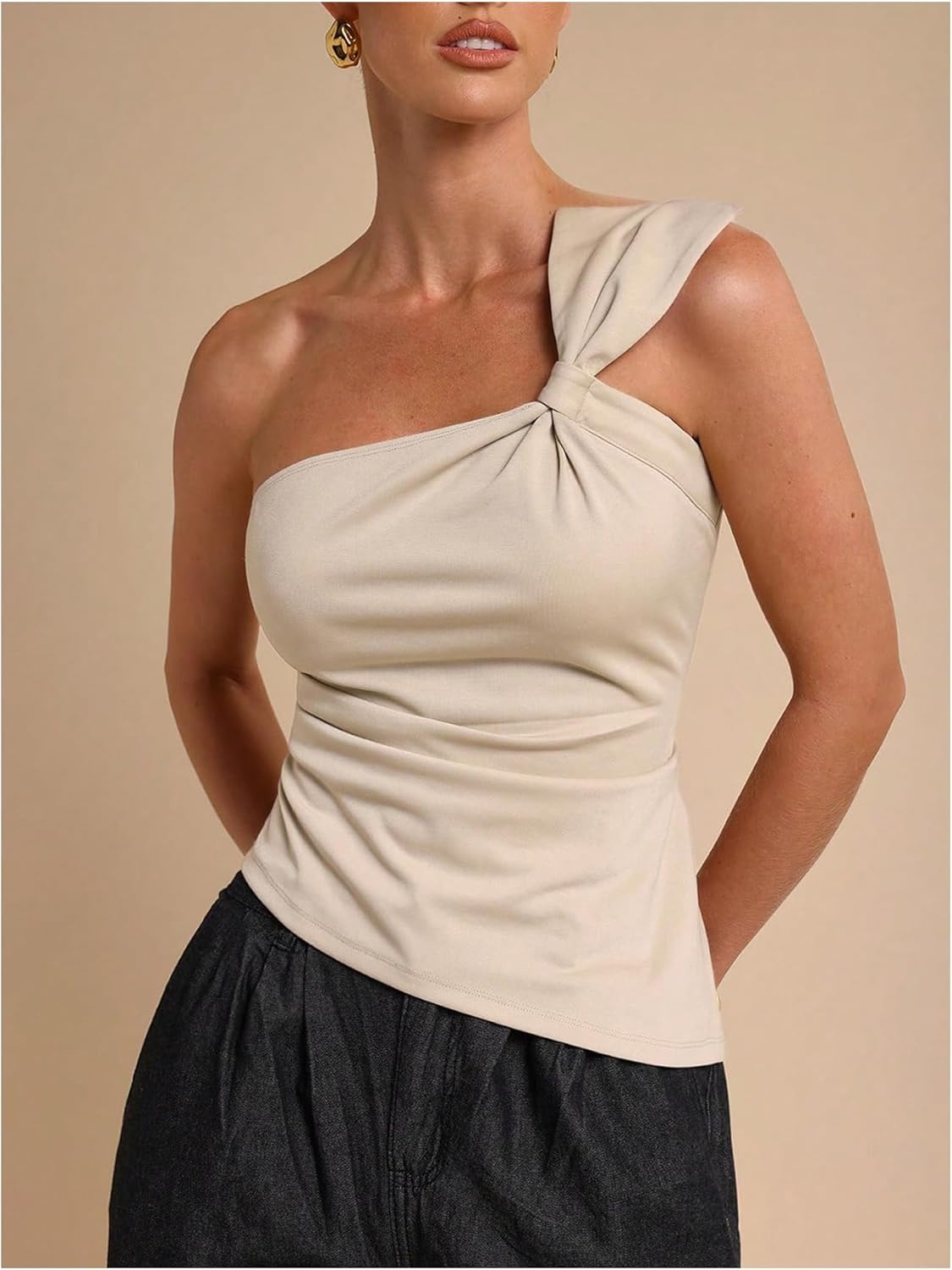 WDIRARA Women's Bowknot Ruched Tank Tops Sleeveless Asymmetrical Fitted Tops - Image 4