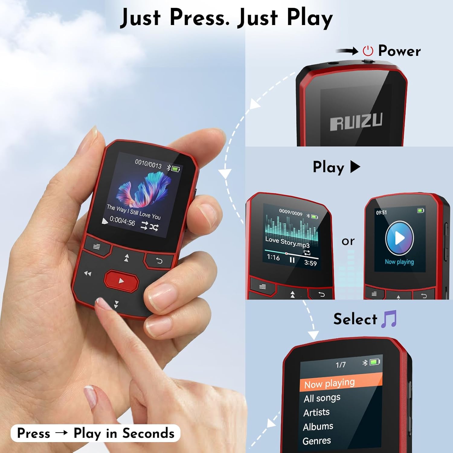 RUIZU 64GB Clip-On MP3 Player with Bluetooth 5.3 Auto-Reconnect, Simple Button Controls for Running & Sports, Resume Playback, FM Radio, Voice Recorder, Sleep Timer, Supports 128GB Micro SD Card, Red 4 71ICS XRfZL. AC SL1500