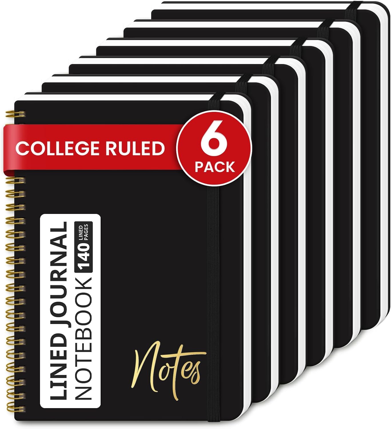 ZOTIA Lined Spiral Journal Notebook for Women, 6 Pack, A5 College Ruled Journals for Writing, Hardcover Notebooks for Work, Note taking and Office School Supplies,140 Pages, 6 Pcs - Black