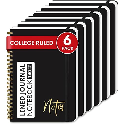 ZOTIA Lined Spiral Journal Notebook for Women, 6 Pack, A5 College Ruled Journals for Writing, Hardcover Notebooks for Work, Note taking and Office School Supplies,140 Pages, 6 Pcs - Black