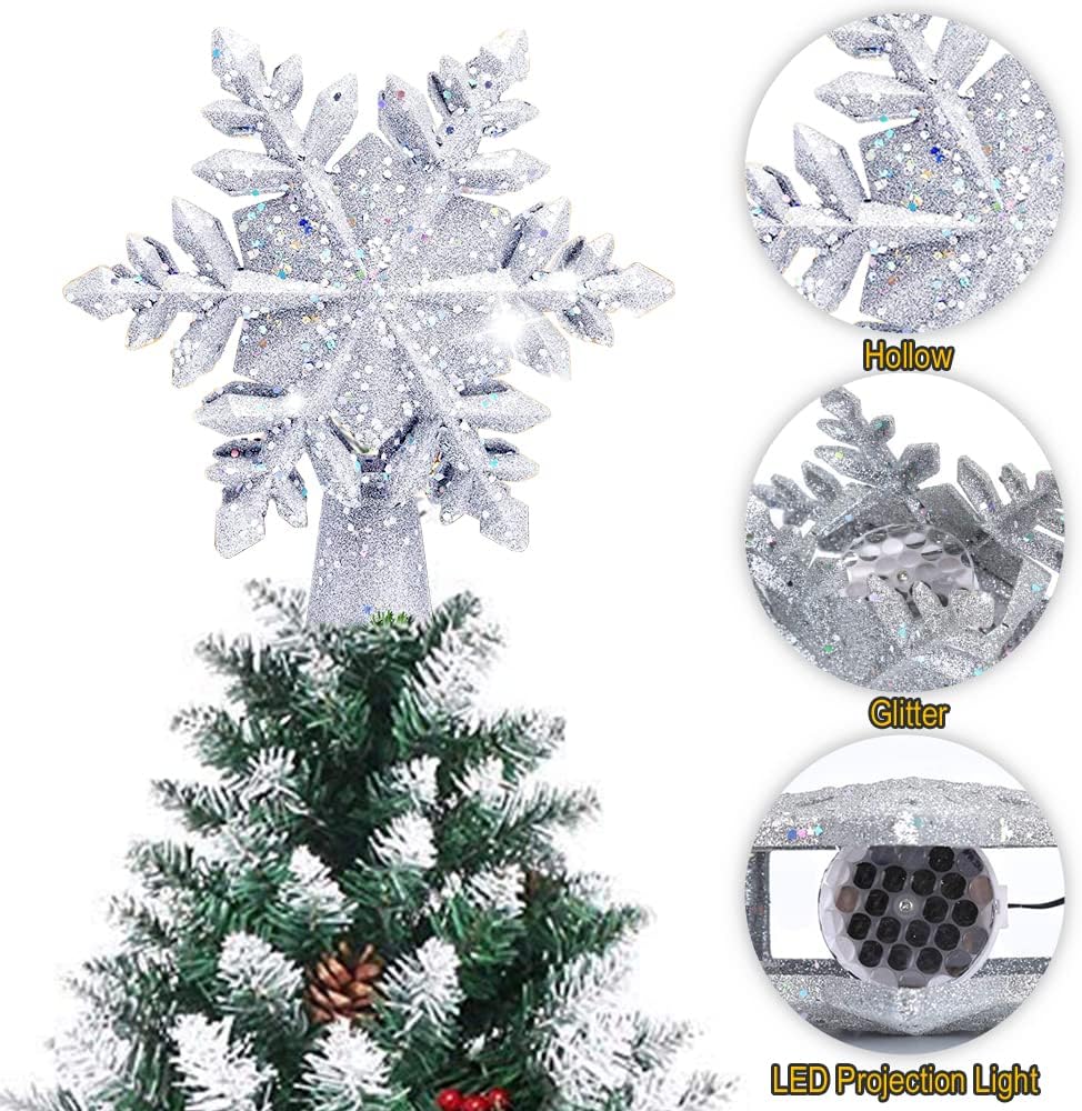Yostyle Christmas Tree Topper Lighted with White Snowflake Projector, LED Rotating Snowflake, 3D Glitter Lighted Sliver Snow Tree Topper for Christmas Tree Decorations