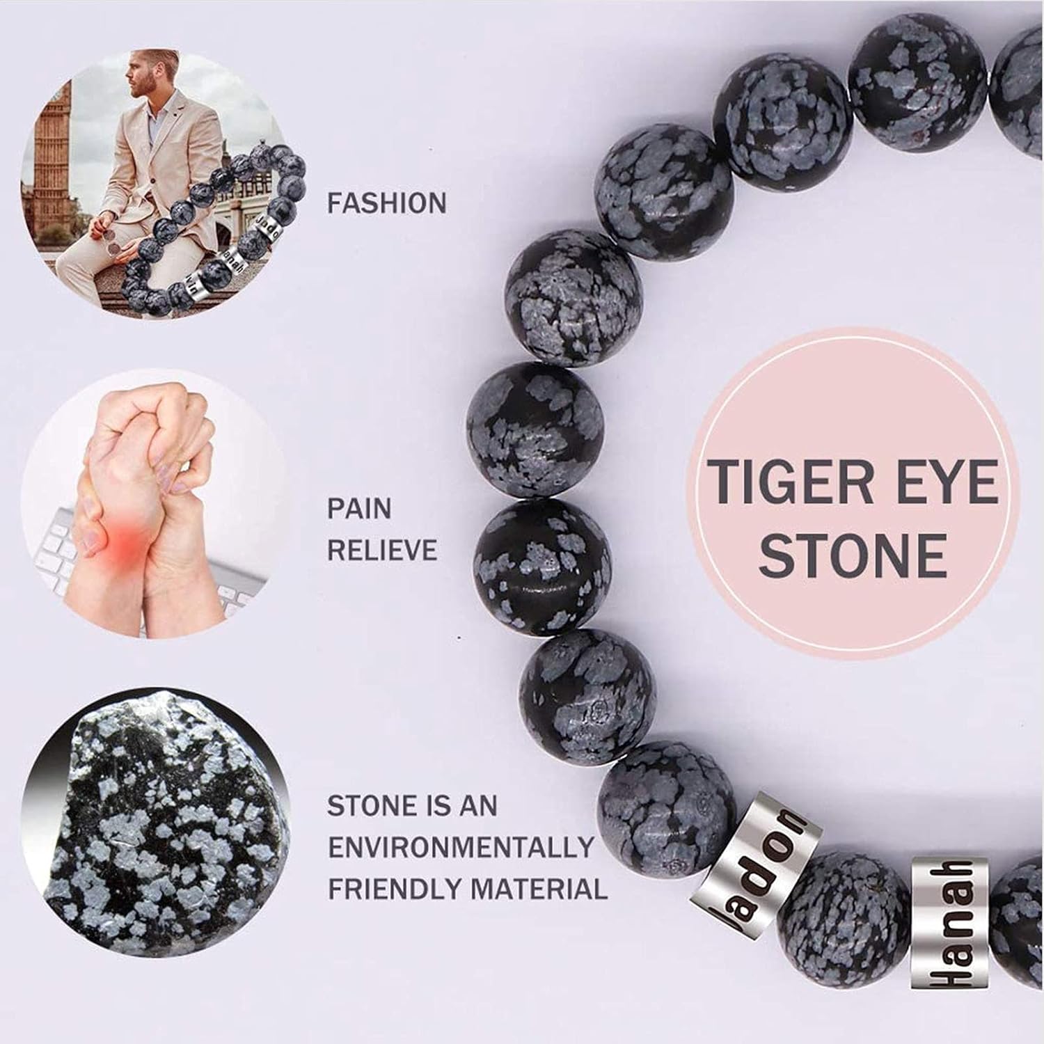 BAUMA AUTO Personalized Stone Beads Bracelets with 1-5 Names Tiger Eye Stone Bracelet Stone Beads Bracelets for Men Husband Grandpa Father's Day Christmas