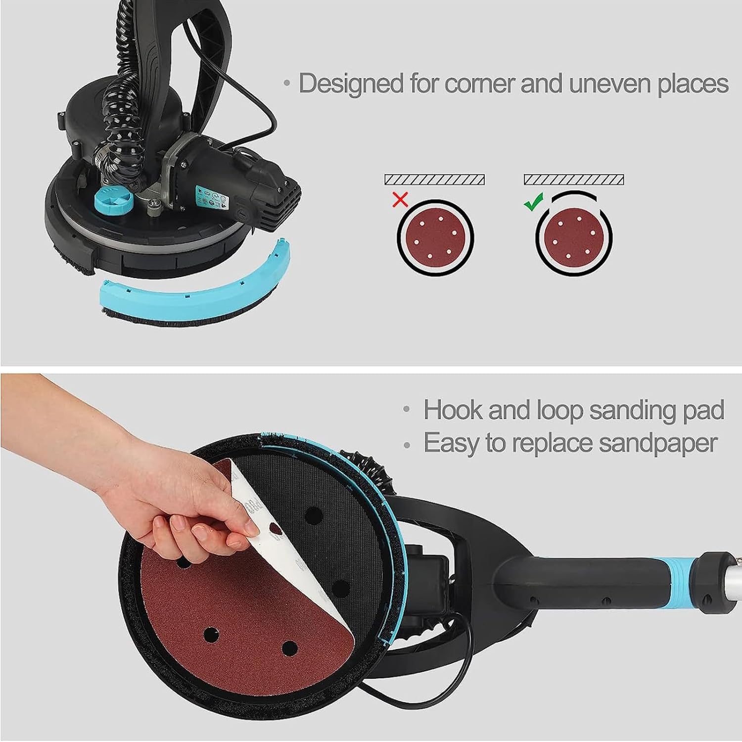 Drywall Sander,with Vacuum Telescopic Pole Electric Sander (Power 1800 W,Diameter 230 Mm,Speed 1000-2100 RPM,Grinding Head Can Be Tilted Up to 100°) 100sheetsofsandpaper
