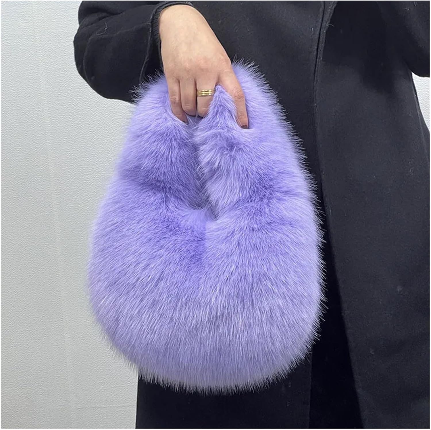 Plush Half Moon Bags for Women Designer Faux Fur Lady Handbags Small Tote Female Winter Purses for Autumn and Winter(Purple)