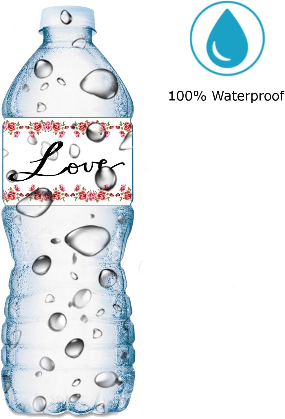 25 Love Roses Flowers Wedding Water Bottle Labels, Waterproof Water Bottle Stickers Wrappers. For Weddings, Valentines, Bridal Shower, Engagement Party Decorations Stickers. Made in USA