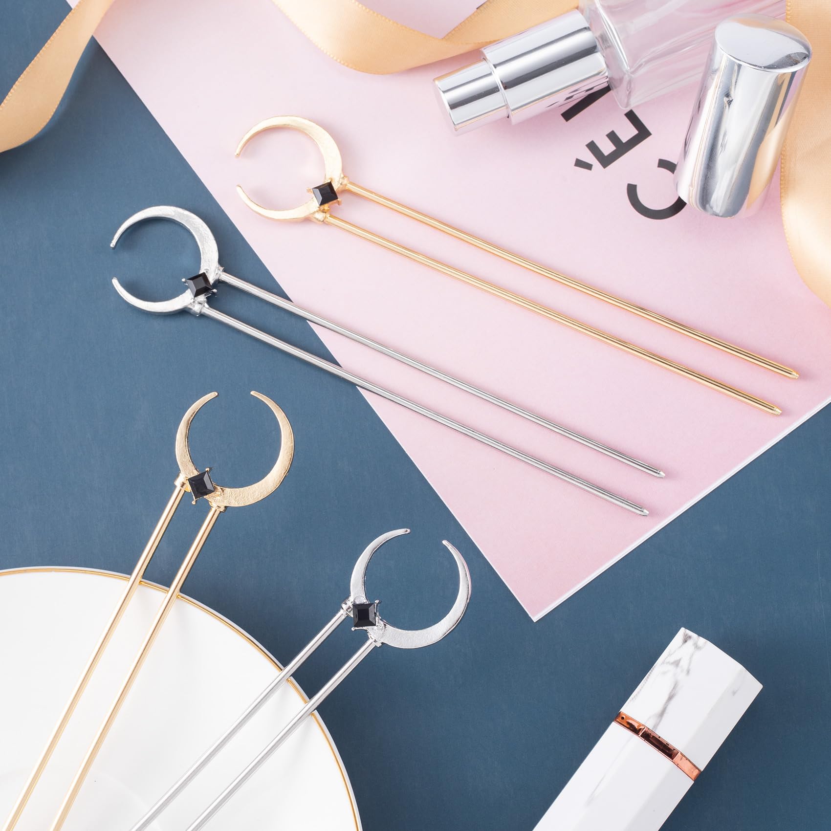 4 Pcs HINZIC Moon Hair Forks U Shape Metal French Hair Pin Silver