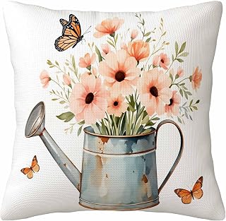 Watercolor Garden Insect Throw Pillow Cover,Watering Can with Fresh Flowers and Butterflies Decorative Pillow Case,Rustic Botanical Cotton Linen Cushion Case for Home Decor 18 * 18 Inch
