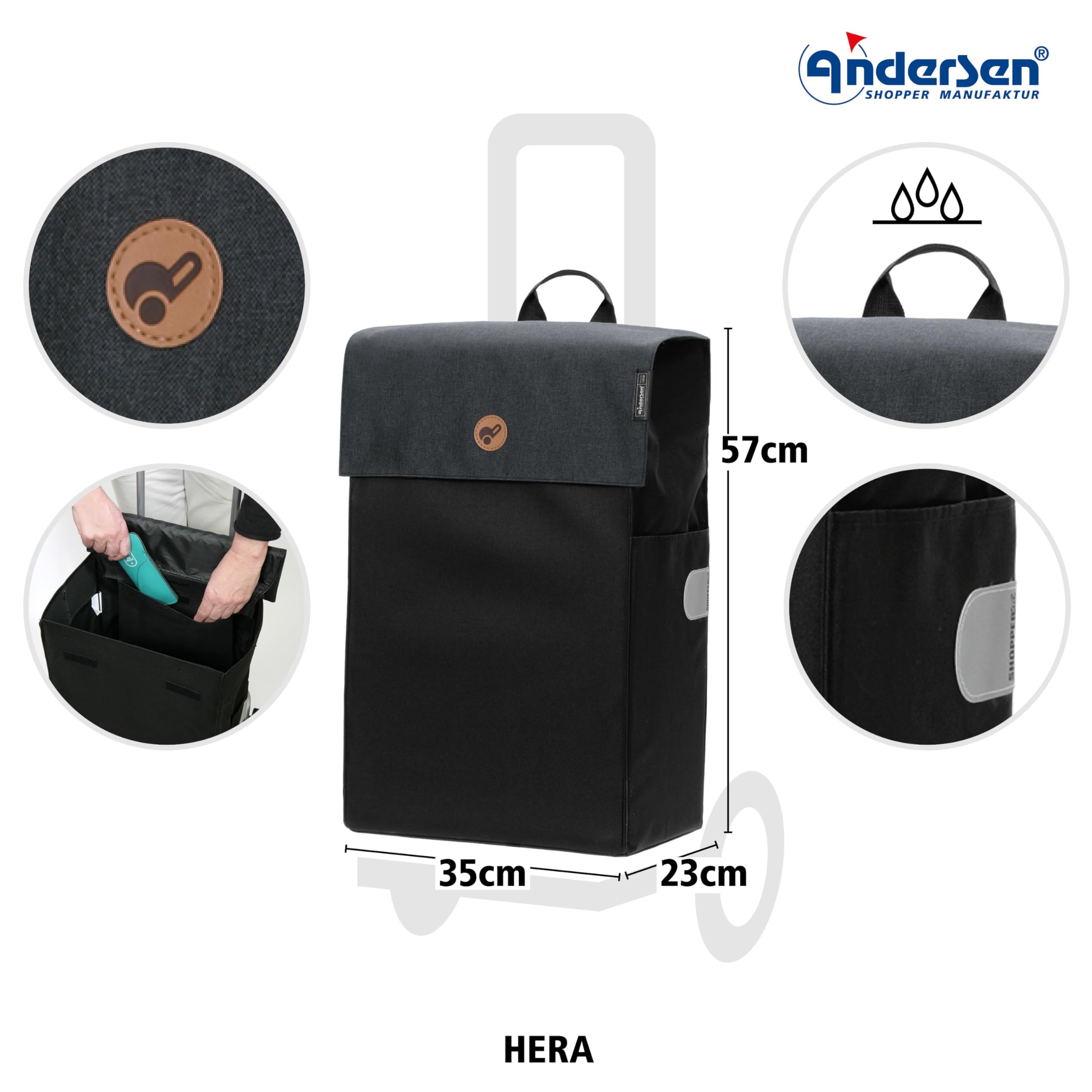 ANDERSEN Einkaufstrolley - Scala Shopper Hera schwarz 47 L Einkaufsroller, modern, Reflektor, klappbar, leichtgängig, leise Räder