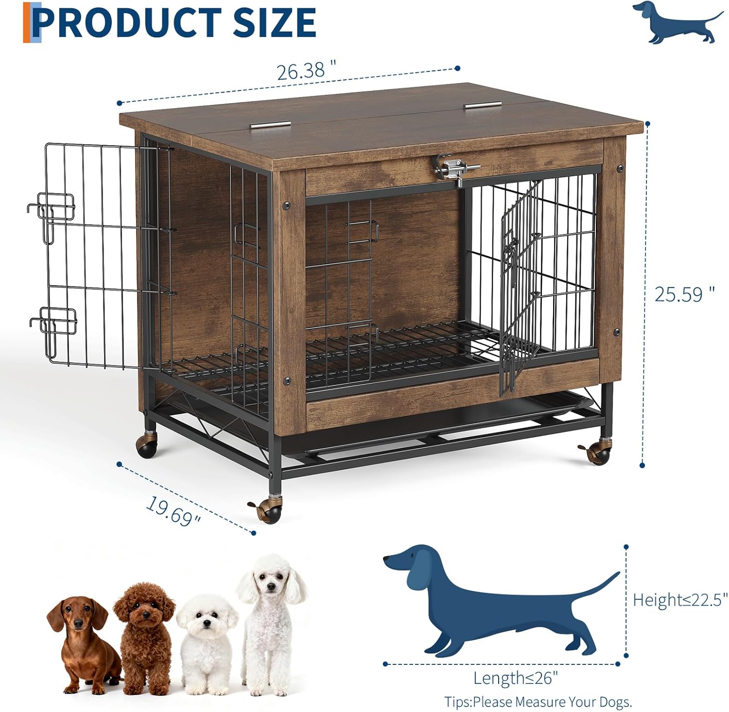 Garvee Dog Crate Furniture with 2 Doors, Indoor Small Dog Crates with Wheels, Heavy Duty Wooden Kennel Furniture, End Side Table Cage, Anti-Chew, Rustic Brown