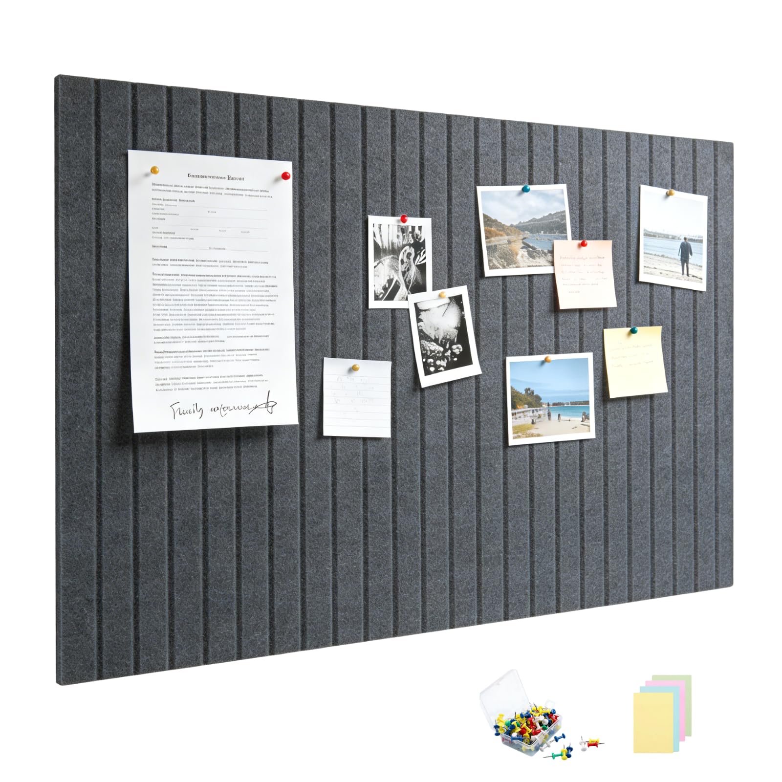 Cork Board 36 x 24 inch Decorative Felt Notice Board Tiles with 60 Pins 30 Self-Adhesive Tabs 100 Memo Sheets Modular Wall Bulletin Board for Home Office Kitchen, Dark Gray