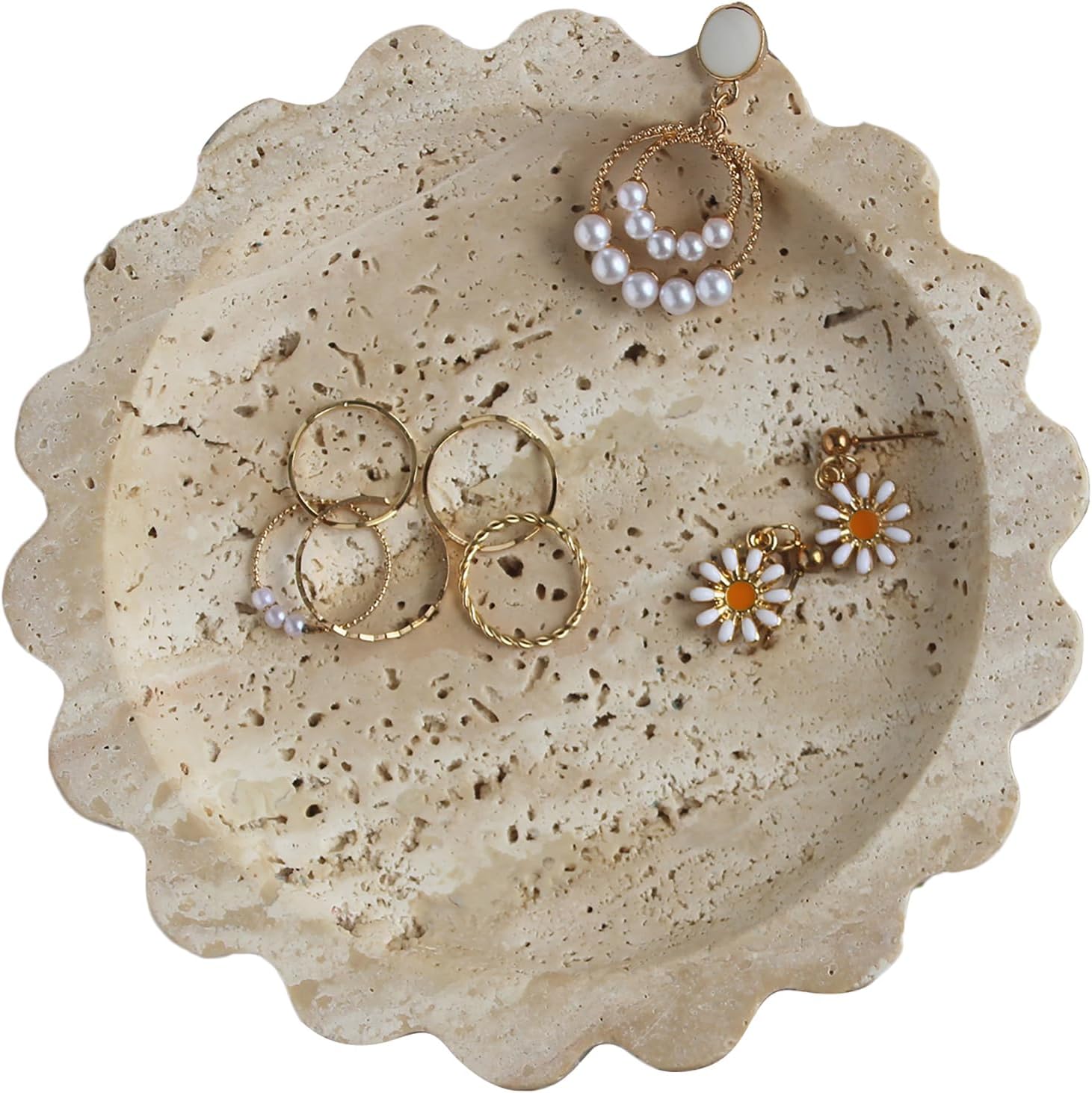 Natural Small Travertine Scalloped Edge Tray 6.3", Marble Jewelry Dish, Trinket Tray for Women Gift
