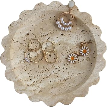 Natural Small Travertine Scalloped Edge Tray 6.3", Marble Jewelry Dish, Trinket Tray for Women Gift