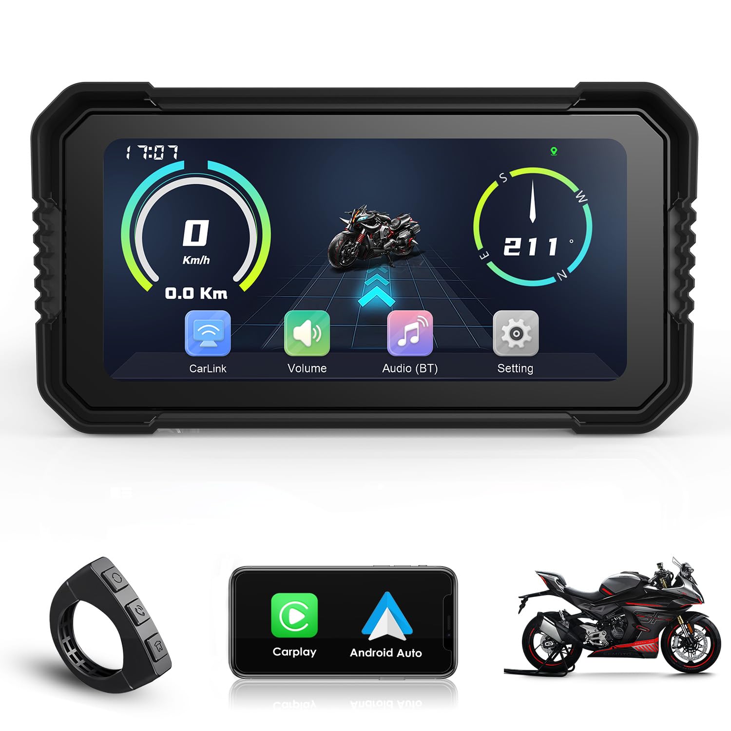 Wireless CarPlay Android Auto Schermo Moto 6,25 Pollici Touchscreen IP67 GPS Dual Bluetooth Telecomando