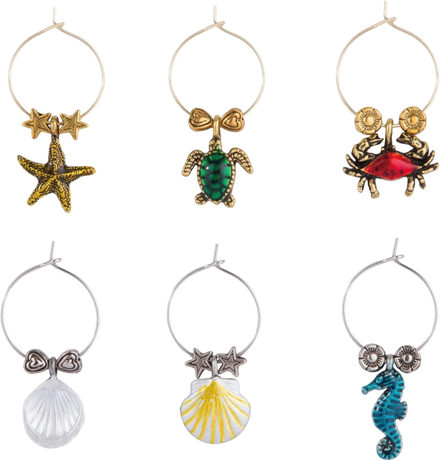 Wine Things Walk the Beach Wine Charms, Zinc Alloy Wine Glass Tags for Stem Glasses, Drink Markers Identifiers for Parties, Tastings, and Entertaining, Multicolor, Set of 6