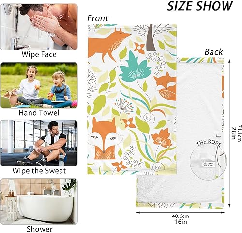 Miniatura 2 de ALAZA Bath Towels Set of 2 Hand Towels for Bathroom 100% Cotton Orange Foxes Absorbent Soft 16×28 inch Decorative