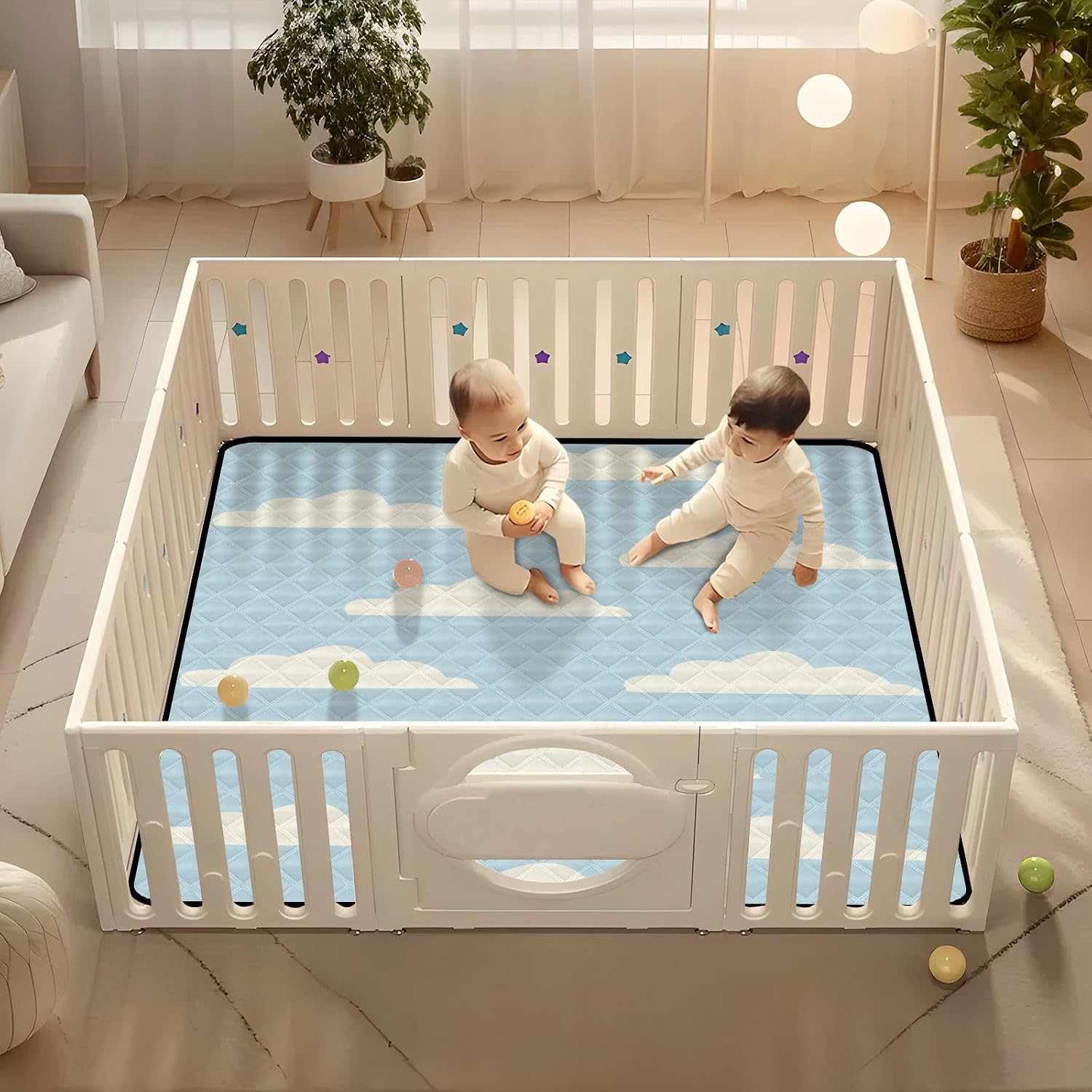 Baby Play Mat White Clouds Blue 50 x 50 Playpen Mat Baby Play Mats for Floor Play Gym Crawling Mat Non-Slip Cushioned Baby Playmat for Infants, Babies, Toddlers