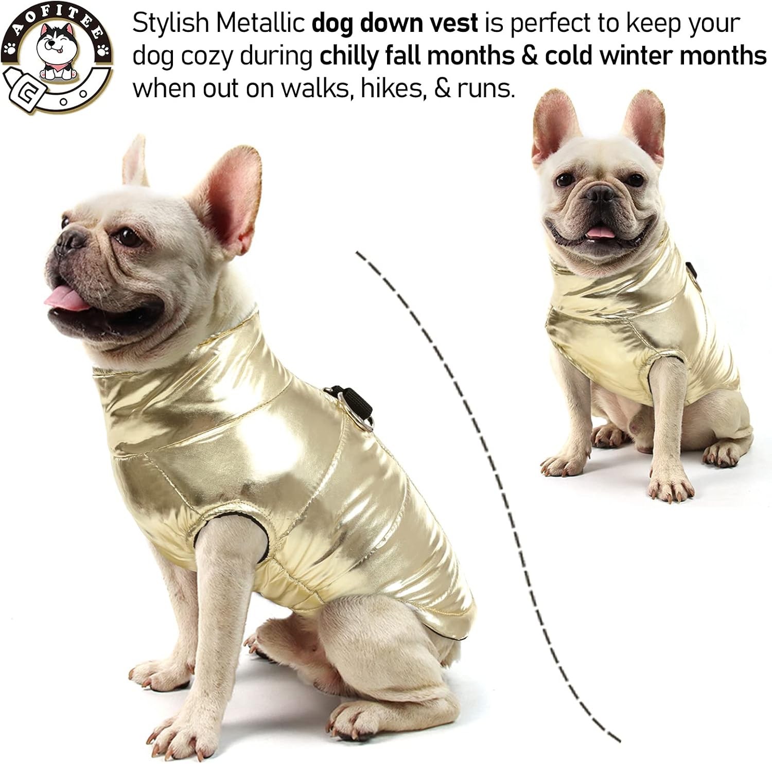 AOFITEE Dog Winter Coat Waterproof Zip Up Fleece Dog Vest, Warm Padded Metallic Dog Cold Weather Jacket Sweater with Dual D-Ring Leash, Outdoor Pet Apparel Snowsuit for Small and Medium Dogs : Pet Supplies