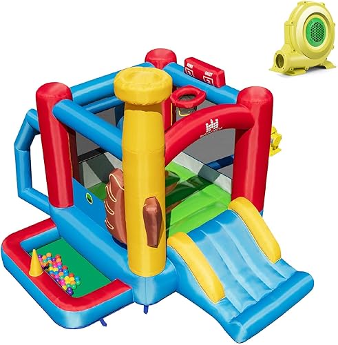 GLACER Casa inflable de rebote con soplador de aire de 480 W, castillo con toboganes, área de salto, pozo de pelotas oceánicas, aro de baloncesto,