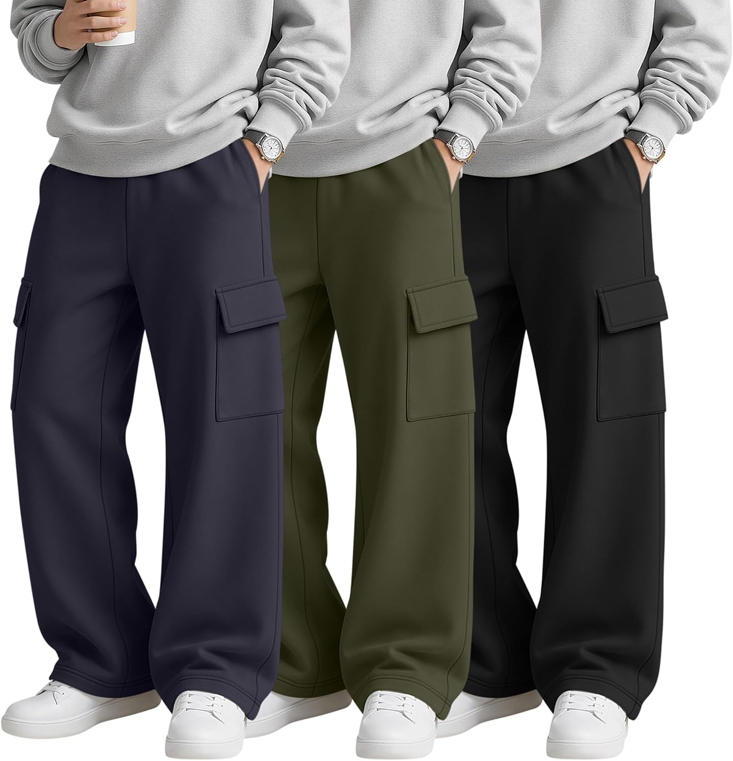 Yooo's Vivi 3 Pack Boys Cargo Sweatpants Elastic Waist Open Bottom Athletic Loose Casual Pants with 4 Pockets for Kids 5-14Y