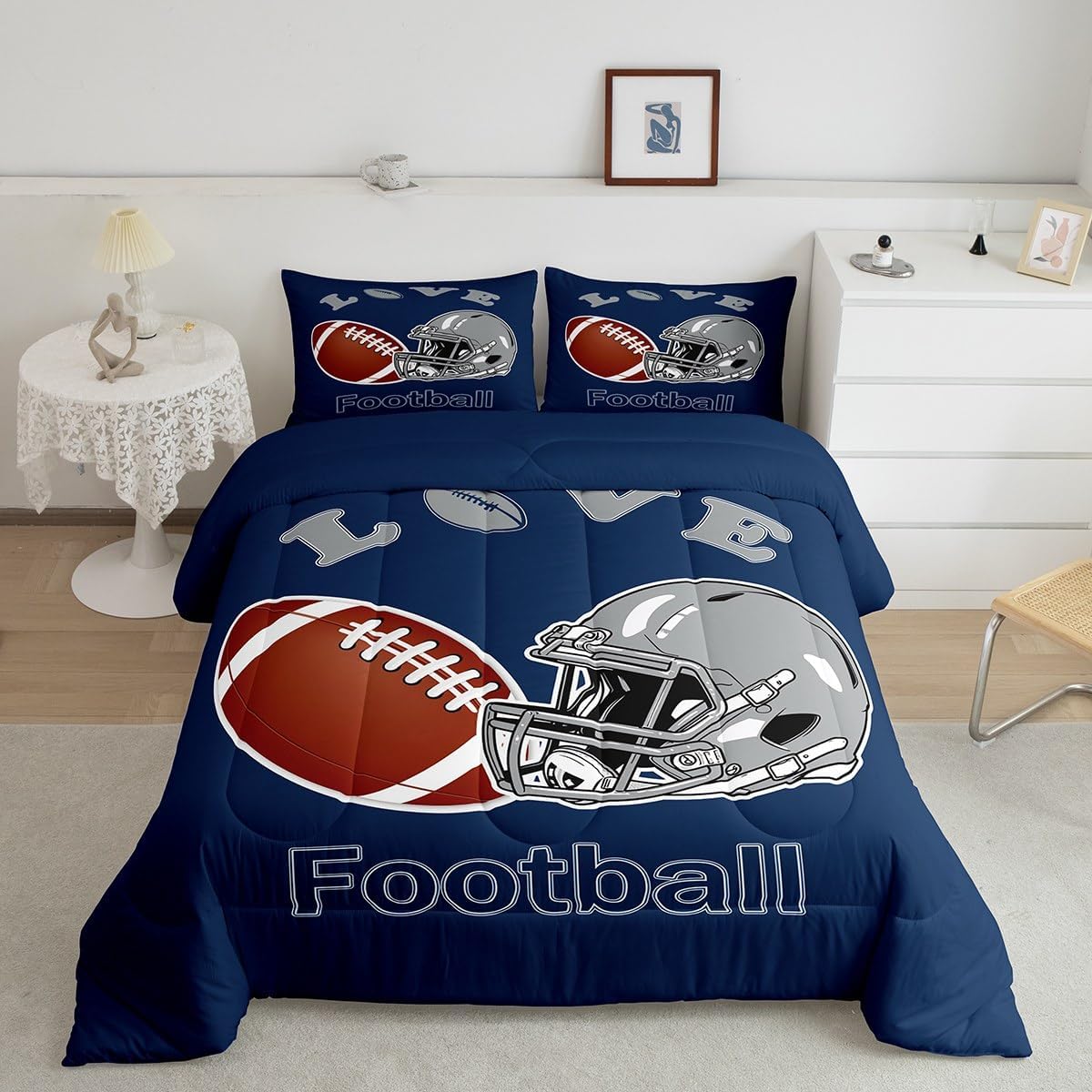 Feelyou Rugby Sports Comforter Set Queen Size Kids Soccer Ball Game Comforter for Teens American Football Bedding Set Breathable Football Duvet Set Room Decor Quilt Set