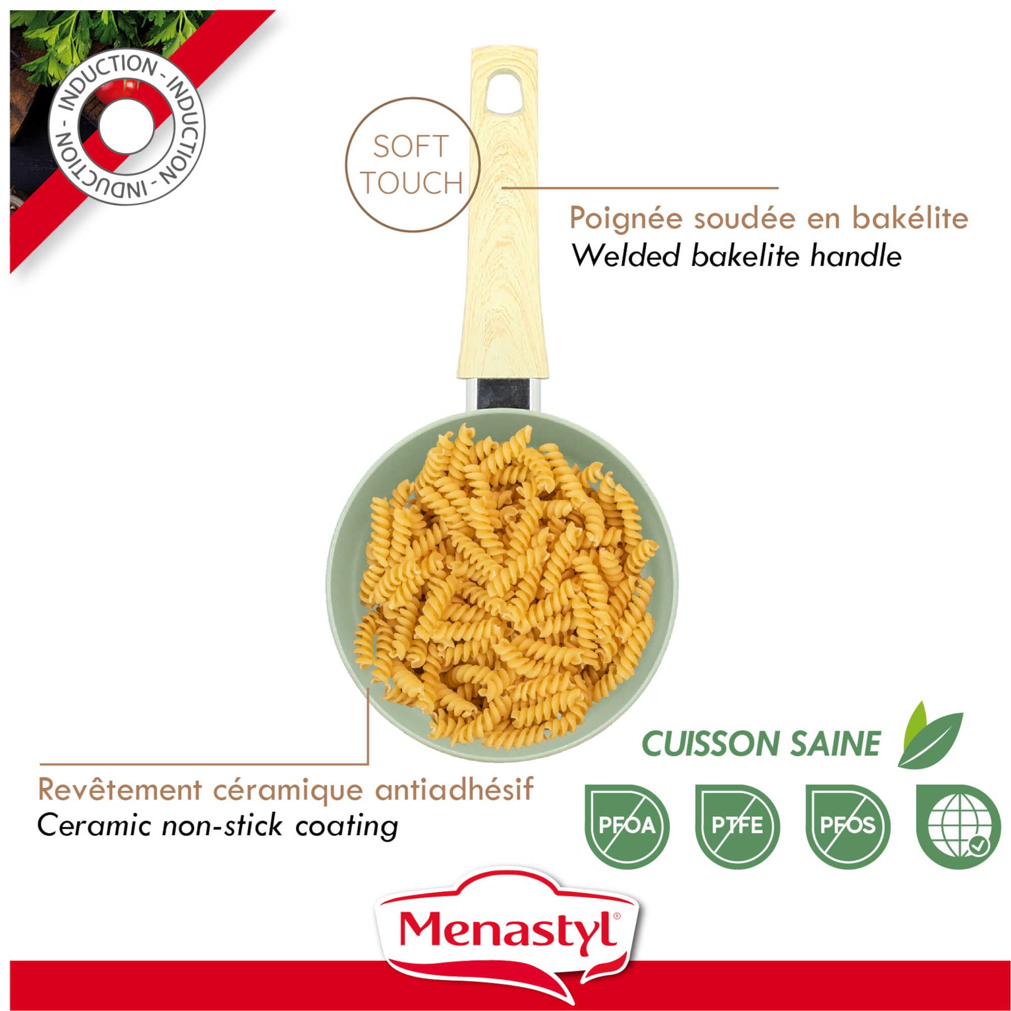 MENASTYL - Lot de 3 casseroles 16/18/20cm avec revêtement antiadhésif céramique (Sans PFAS/Sans PTFE) tous feux dont induction - En Aluminium - Gamme Colorama - Céladon - 6014165